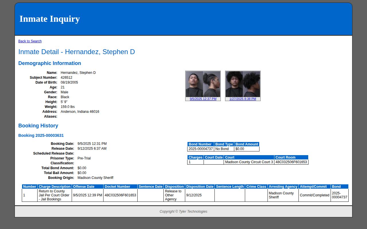 Example Madison County Jail public inmate detail record structure