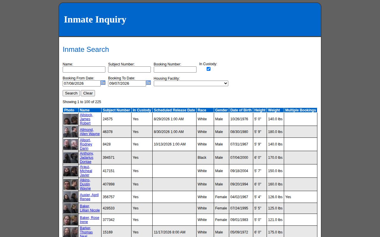 Official Madison County Jail inmate inquiry search screen