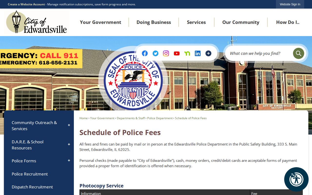 Edwardsville Police fee schedule for arrest and incident records